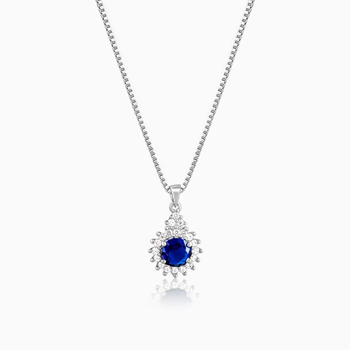 Ridge motif necklace-Silver Sapphire Floral Pendant With Box Chain