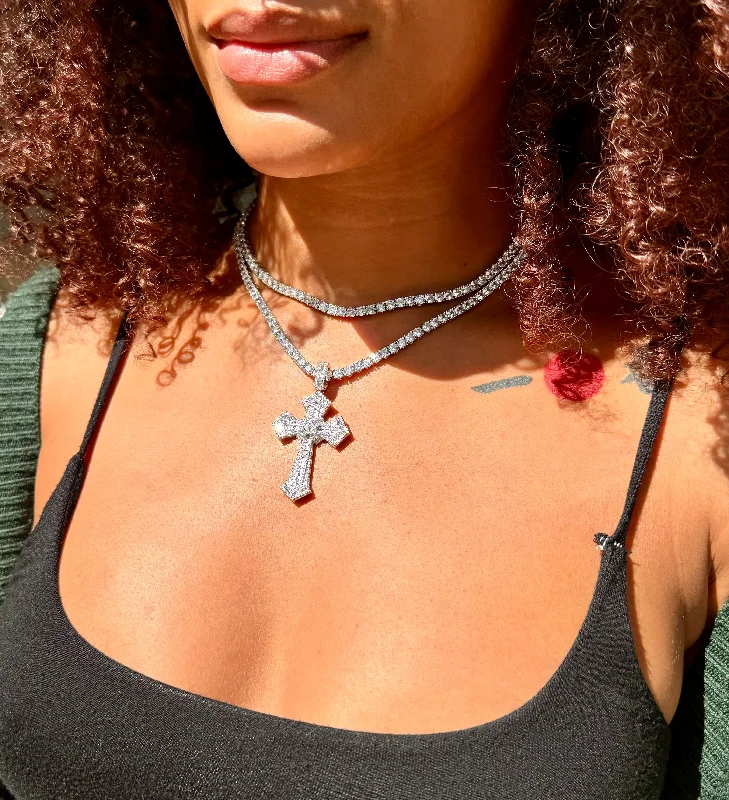 Shaded gem necklace-Silver Tennis Chain Enchanted Cross Necklace