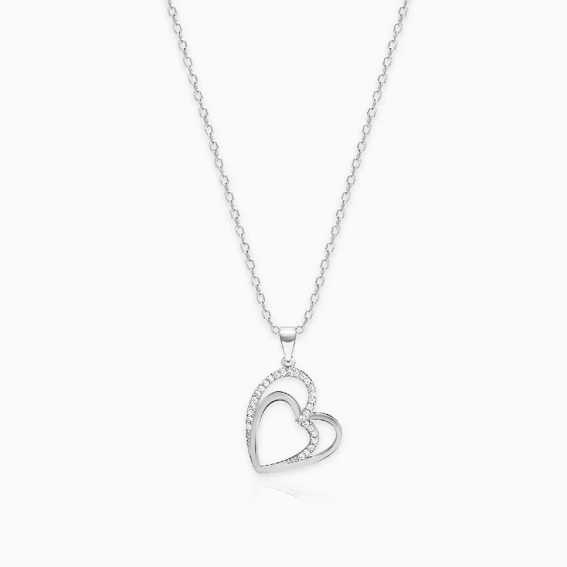 Chilly aquamarine necklace-Silver Zircon Double Heart Pendant with Link Chain