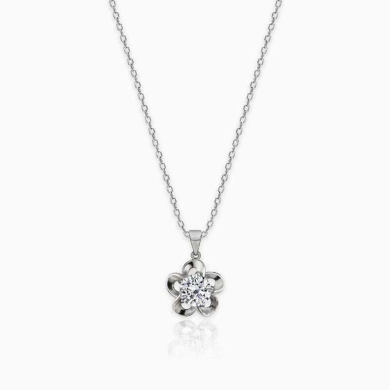 Bold granite necklace-Silver Zircon Flower Pendant with Link Chain