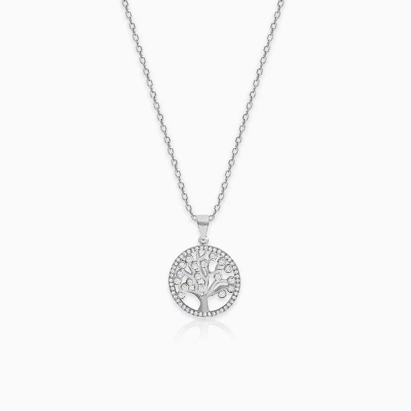 Framed chain necklace-Silver Zircon Tree of Life Pendant with Link Chain