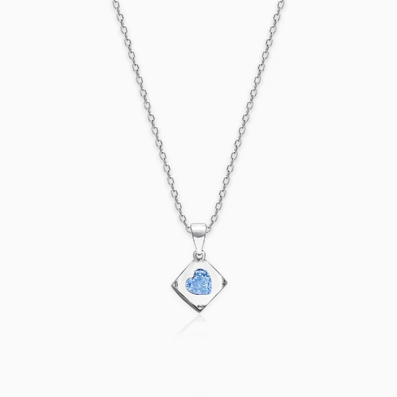 Light-etched necklace-Sky Blue Heart Cube Pendant with Link Chain