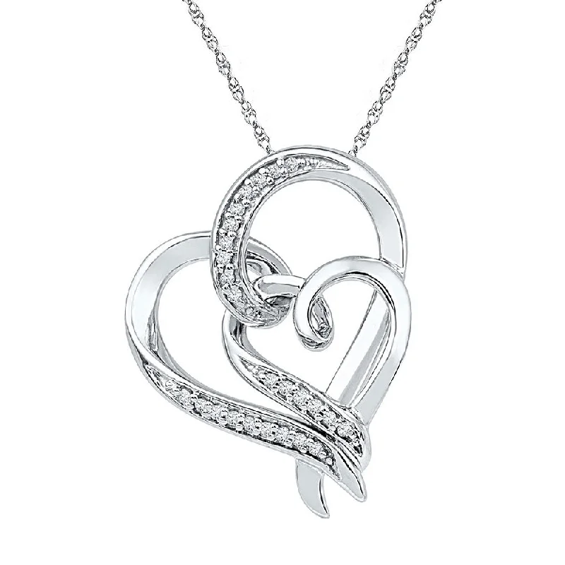 Rising bar necklace-Sterling Silver Womens Round Diamond Double Heart Pendant 1/10 Cttw