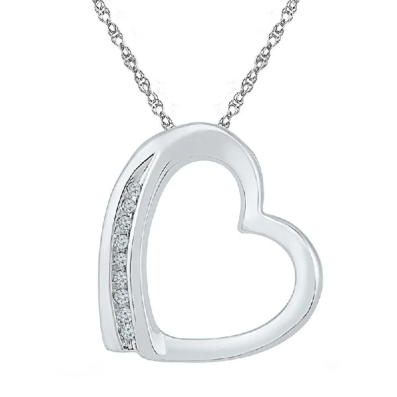 Subtle silver necklace-Sterling Silver Womens Round Diamond Heart Pendant .03 Cttw