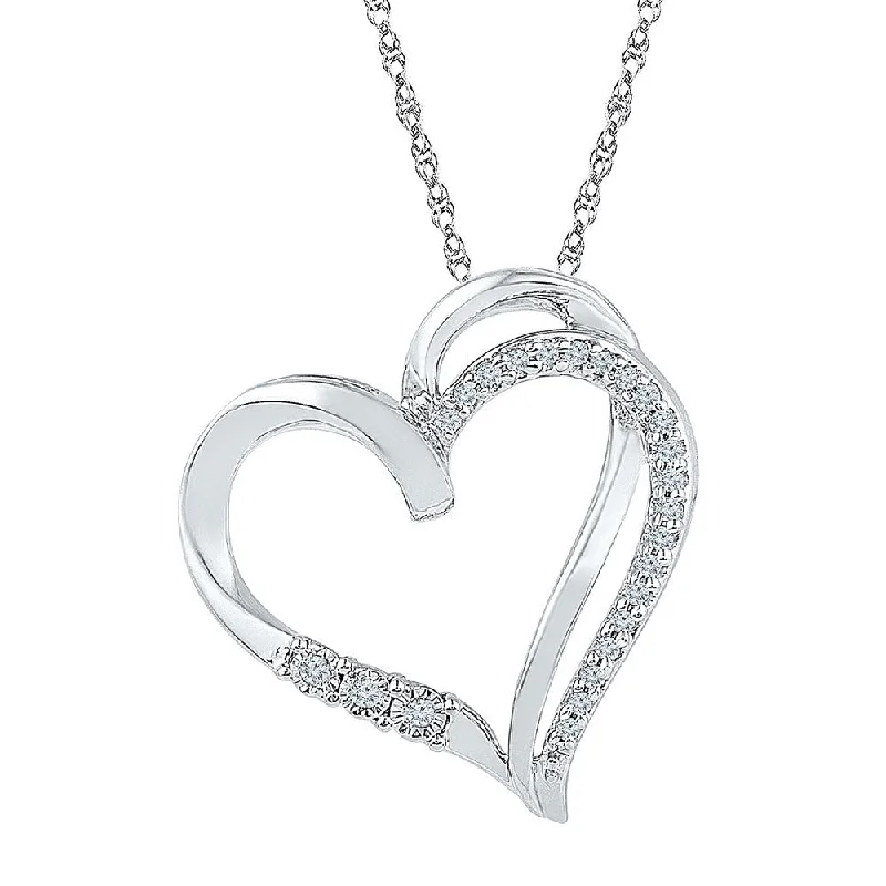 Elevated tier necklace-Sterling Silver Womens Round Diamond Heart Pendant 1/10 Cttw