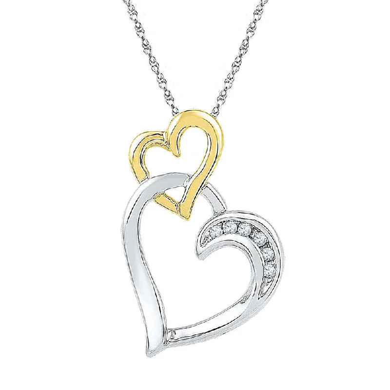 Frayed edge necklace-Two-tone Sterling Silver Womens Round Diamond Double Heart Pendant .03 Cttw