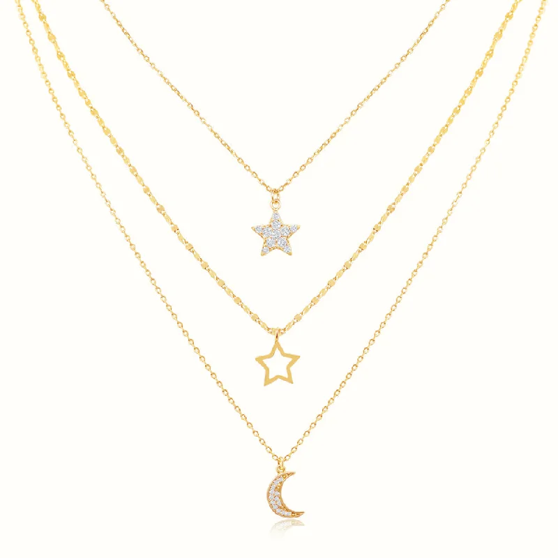 Narrow-tier necklace-Women's Vermeil 3 Layered Diamond Star Moon Necklace Pendant