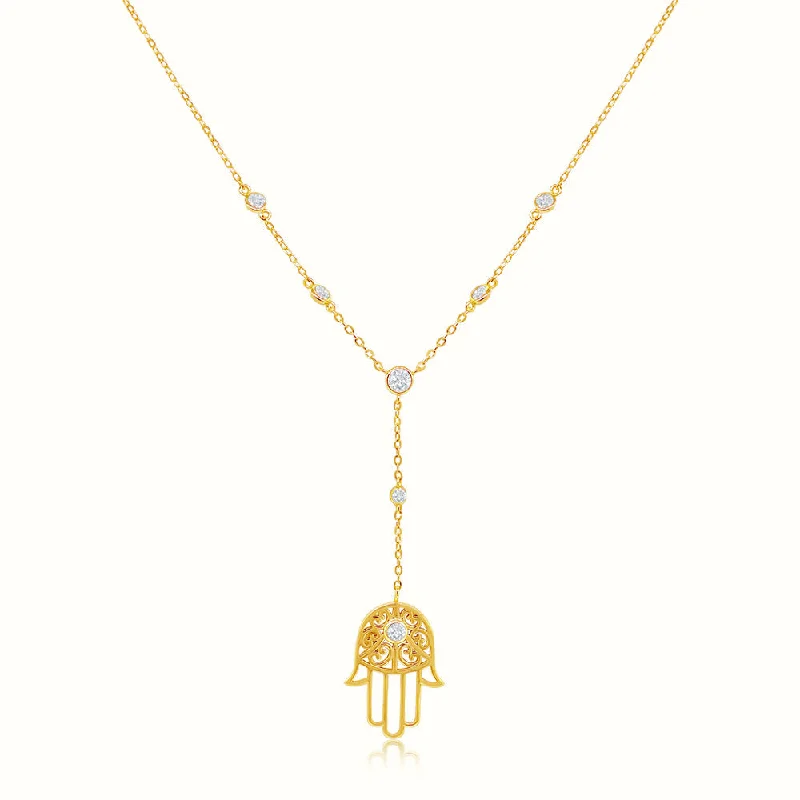 Encased gem necklace-Women's Vermeil Bezel Diamond Tribal Hamsa Hand Necklace Pendant