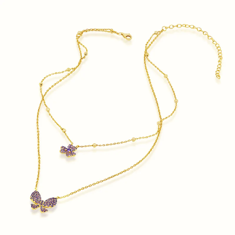 Rising bar necklace-Women's Vermeil Butterfly & Clover Double Layered Necklace Pendant