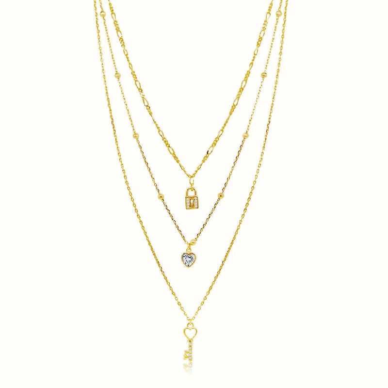 Divided link necklace-Women's Vermeil Diamond Heart Lock Layared Necklace Pendant