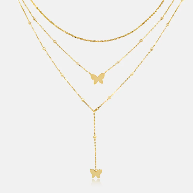 Ethnic grooved necklace-Women's Vermeil Double Gold Layered Butterflys Necklace Pendant