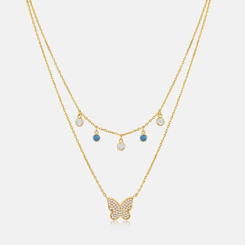 Carved pattern necklace-Women's Vermeil Double Layered Diamond Butterfly Necklace Pendant