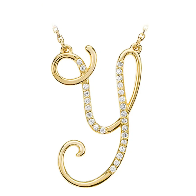 Tied knot necklace-1/8 Ctw Diamond 14k Yellow Gold Medium Script Initial Y Necklace, 17in