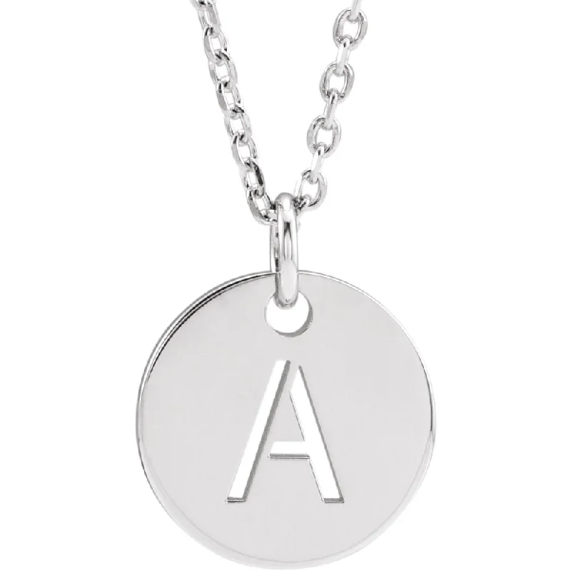 14k White Gold Initial A-Z, SM 10mm Pierced Disc Necklace, 16-18 Inch