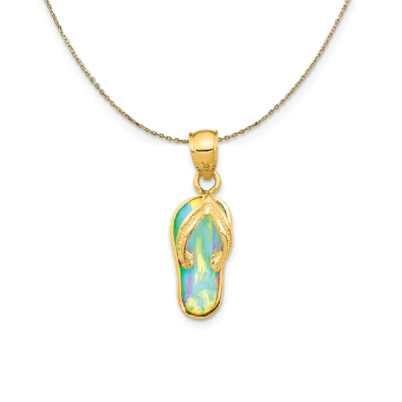 14k Yellow Gold Created White Opal Flip Flop (25mm) Necklace