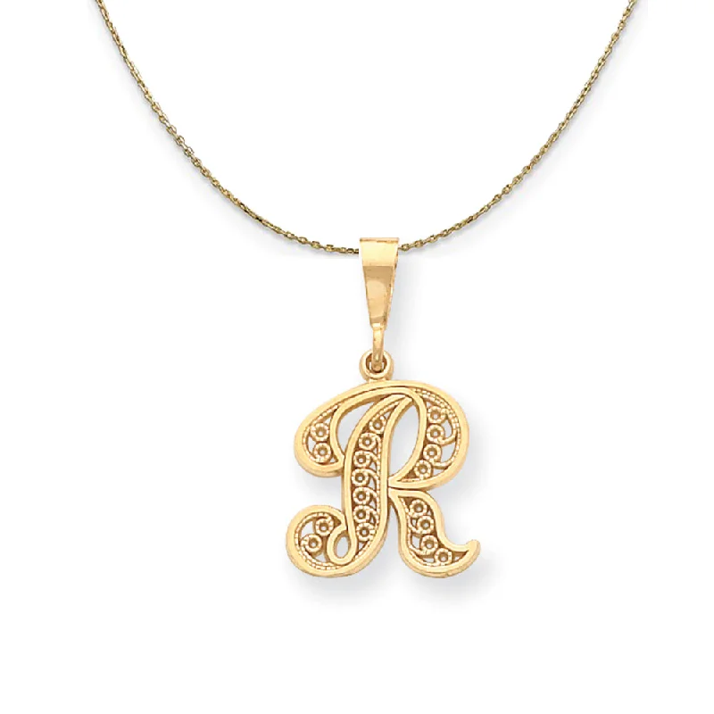 Patinated silver necklace-14k Yellow Gold, Maci, LG Filigree Script Initial R Necklace