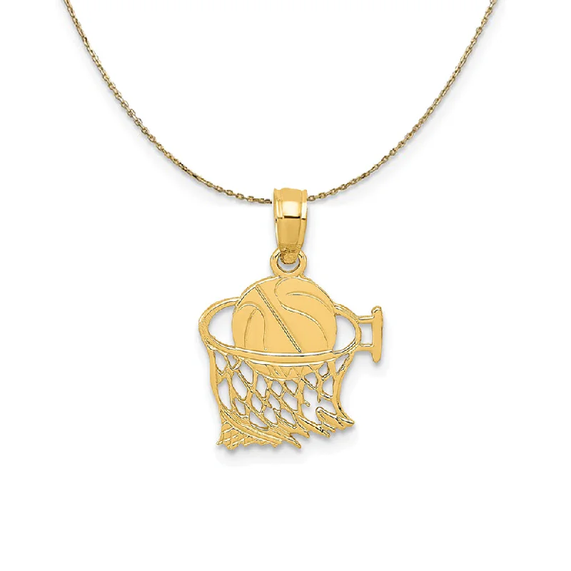 Thick-set pave necklace-14k Yellow Gold Small Basketball in Net Necklace