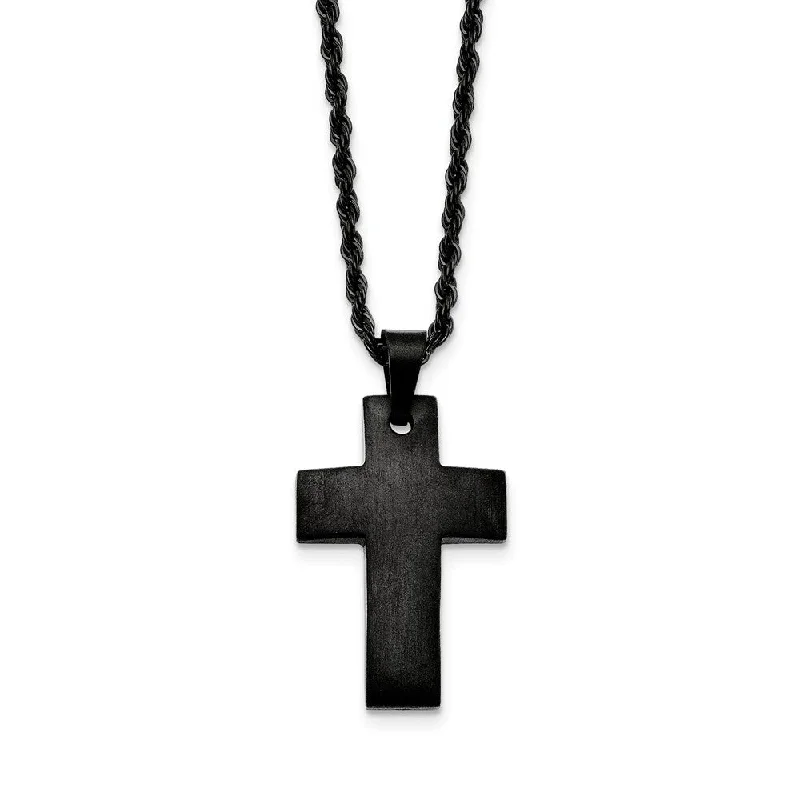 Peak motif necklace-Black Plated Stainless Steel Brushed Cross Necklace, 20 Inch