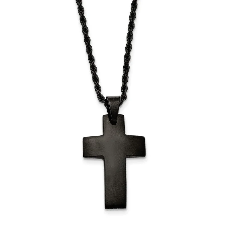 Striated design necklace-Black Plated Stainless Steel Polished Cross Necklace, 20 Inch