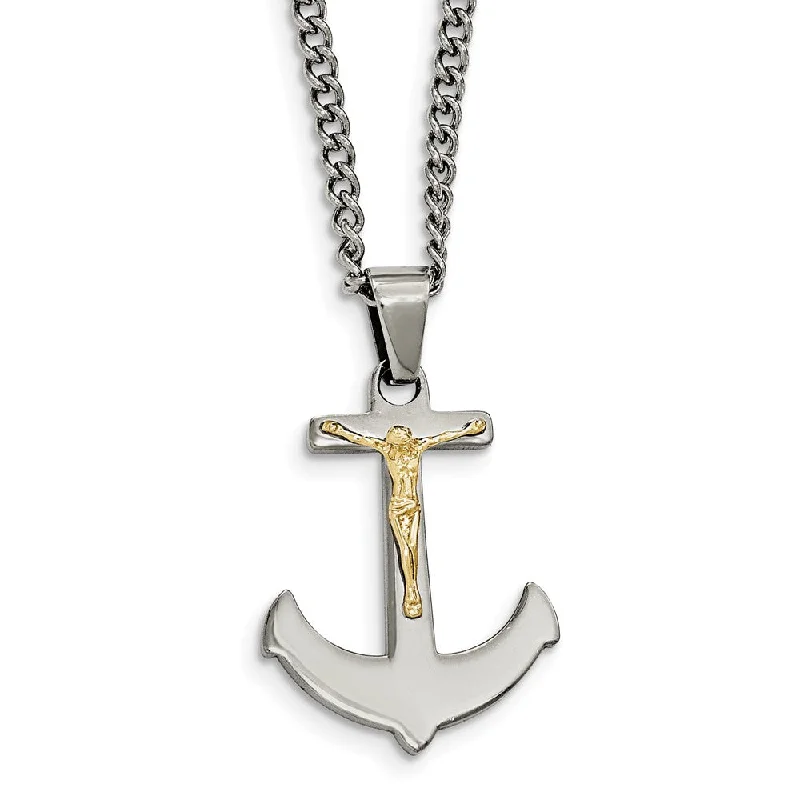 Light silver necklace-Crucifix Anchor Necklace in Stainless Steel & 14k Gold Plating, 24 in