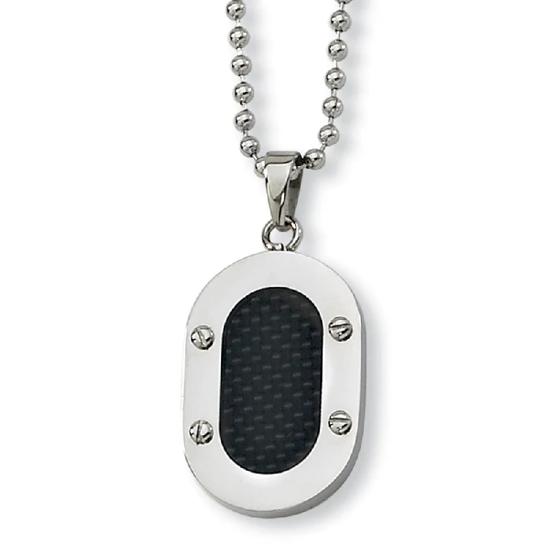 Bright diamond necklace-Men's Stainless Steel and Carbon Fiber Oval Necklace, 22 Inch