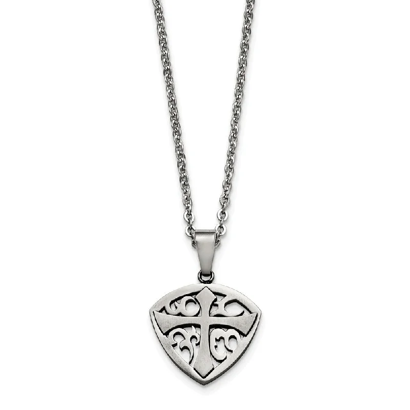 Polished and Brushed Shield Cross Necklace in Stainless Steel, 20 Inch