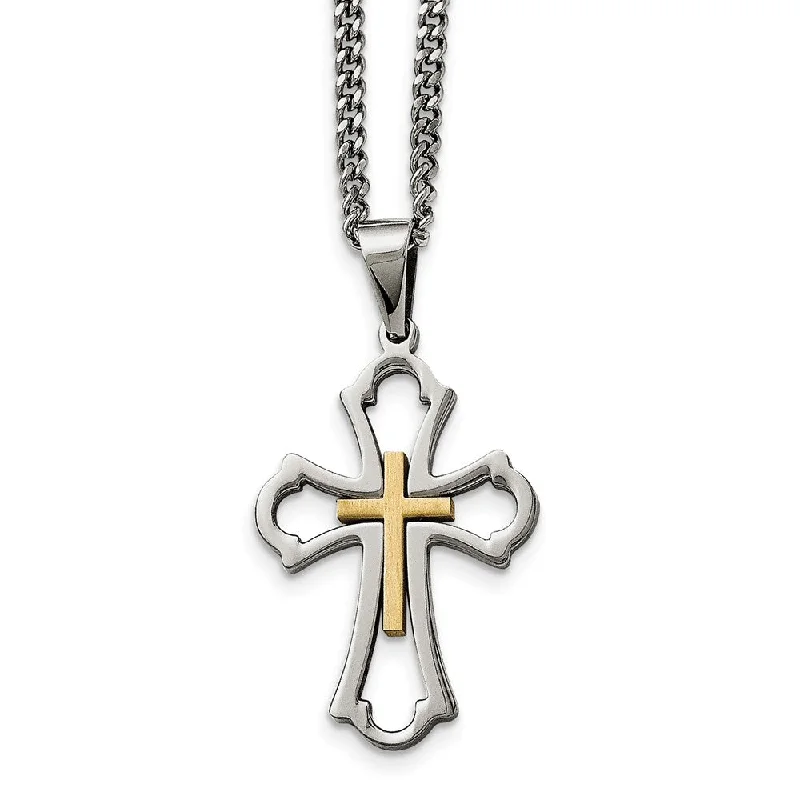 Unified chain necklace-Polished & Brushed Stainless Steel & Gold Tone Cross Necklace, 22 Inch