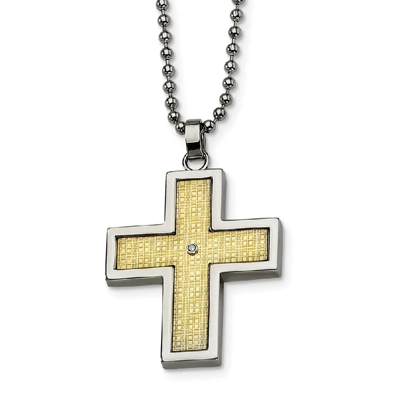 Stainless Steel, 14k Gold and Diamond Accent Cross Necklace