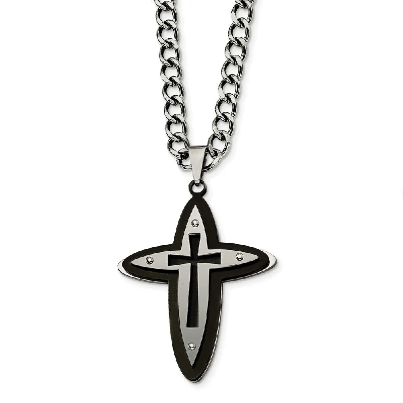 Narrow-tier necklace-Stainless Steel and Black Accent Cross Necklace