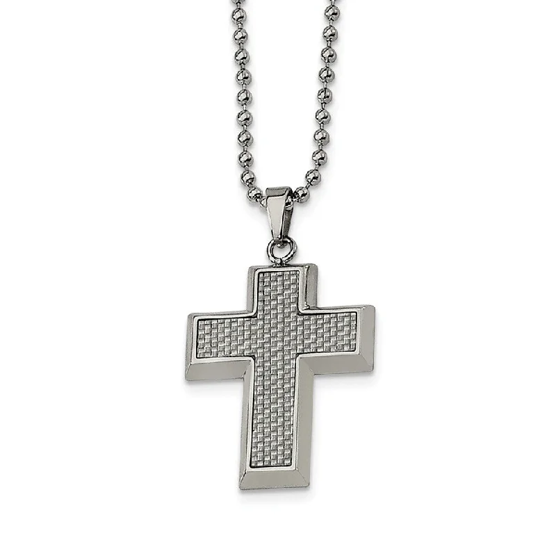 Stainless Steel and Carbon Fiber Cross and Beaded Chain Necklace