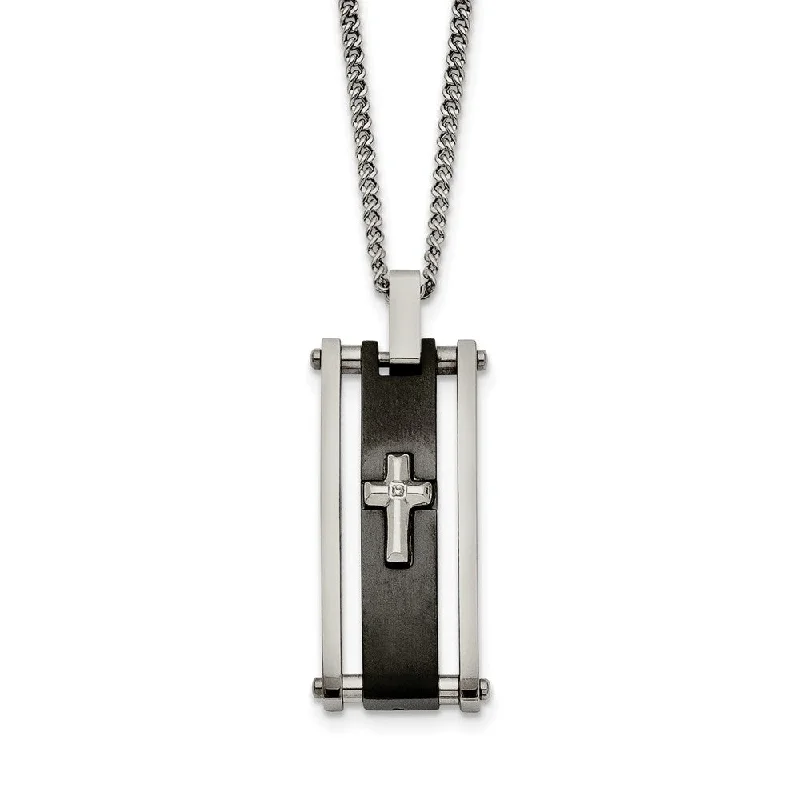 Stainless Steel & Black Plated CZ Cross Rectangle Necklace, 22 Inch