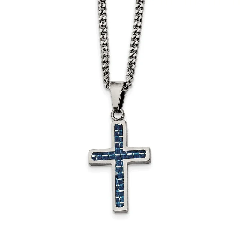 Tall gem necklace-Stainless Steel & Blue Carbon Fiber Small Cross Necklace, 20 Inch