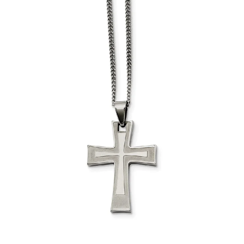 Peaked band necklace-Stainless Steel Brushed and Polished Cross Necklace - 24 Inch