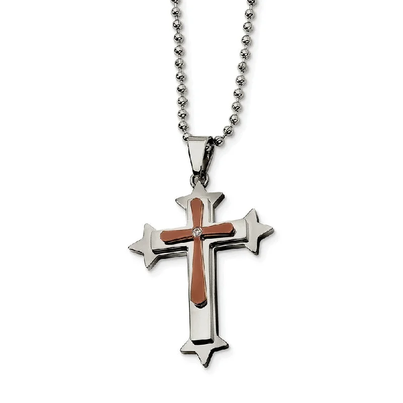 Patinated silver necklace-Stainless Steel, Cognac Accent and Cubic Zirconia Cross Necklace