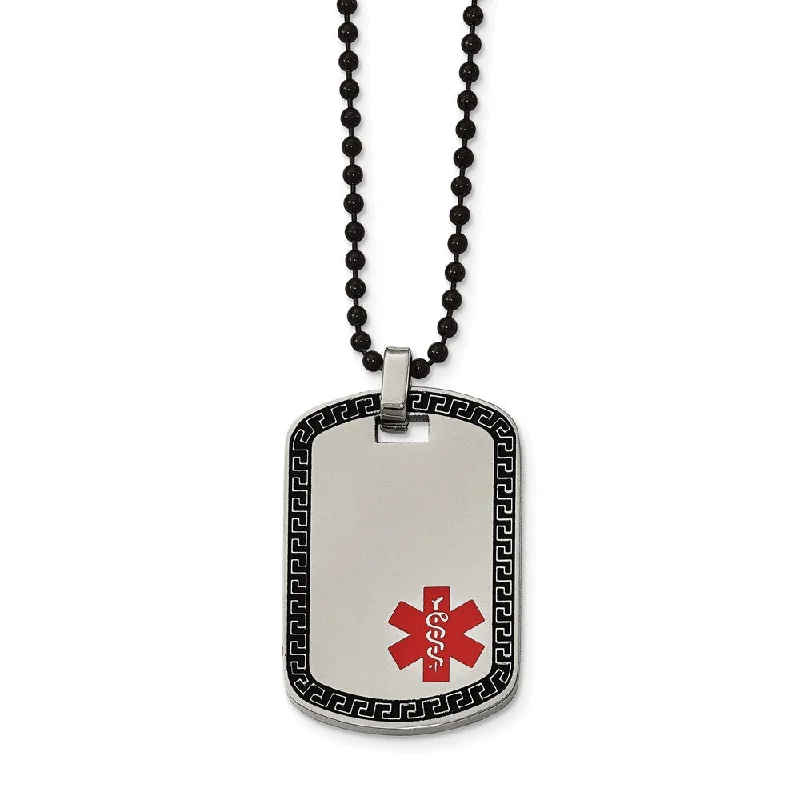 Stainless Steel Greek Key Medical Dog Tag Necklace - 30 Inch