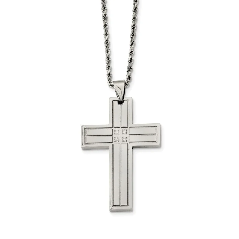 Vintage chrysocolla necklace-Stainless Steel Grooved Cross w/Cubic Zirconia's Necklace - 24 Inch