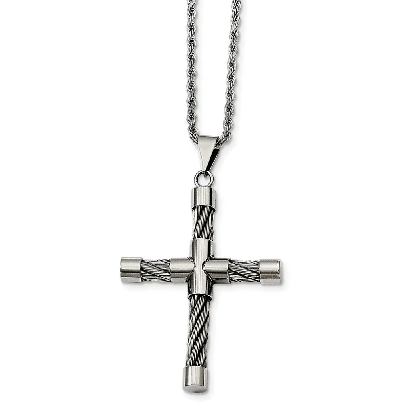 Stainless Steel Polished and Wire Cross Necklace - 22 Inch