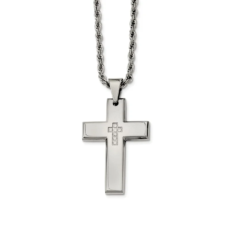 Arcing design necklace-Stainless Steel Polished Cross with CZ's Necklace - 24 Inch