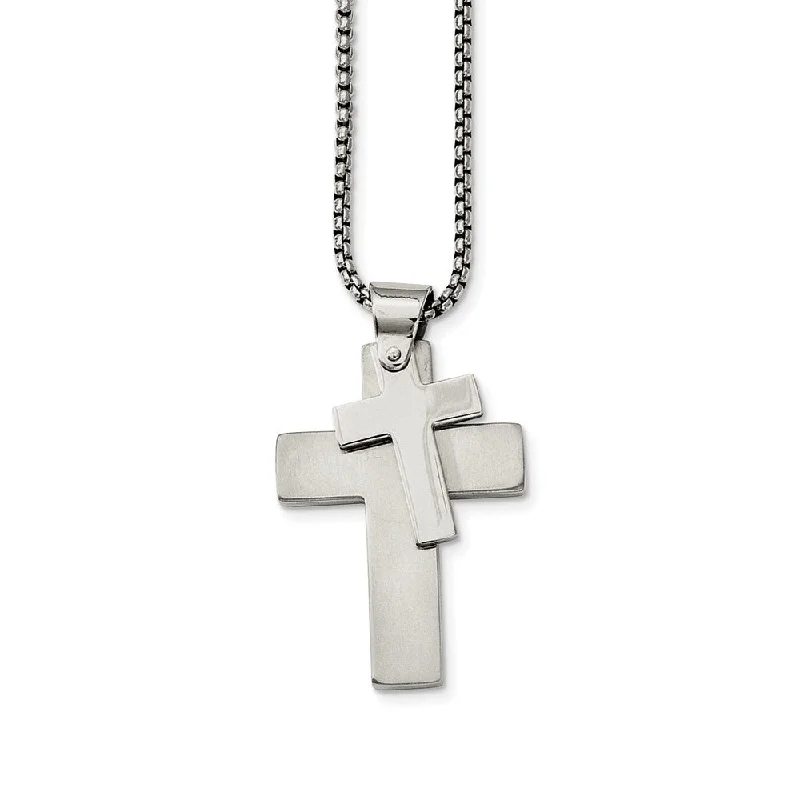 Textured iron necklace-Stainless Steel Polished Double Cross Necklace - 24 Inch