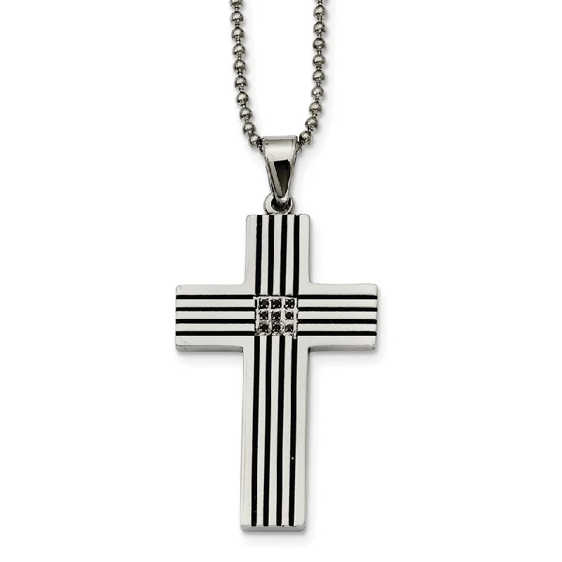 Satin granite necklace-Stainless Steel Striped and Black Diamond Cross Necklace - 22 Inch