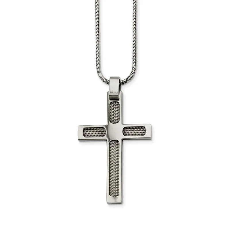 Welded silver necklace-Stainless Steel Wire and Polished Cross Necklace - 24 Inch