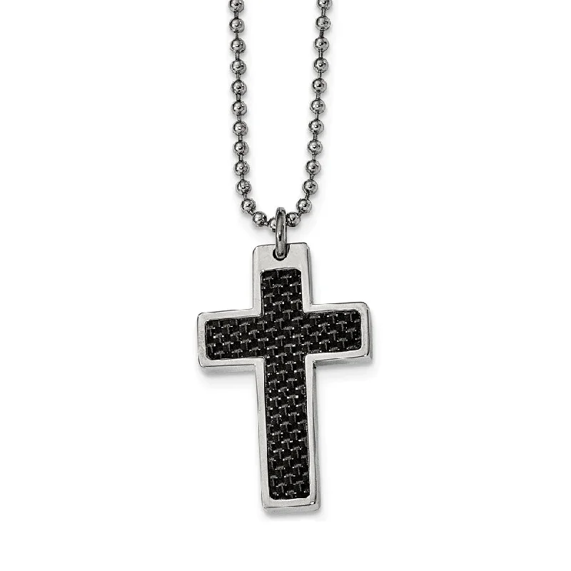 Coiling twist necklace-Steel and Black Carbon Fiber Cross and Beaded Chain Necklace - 20 Inch