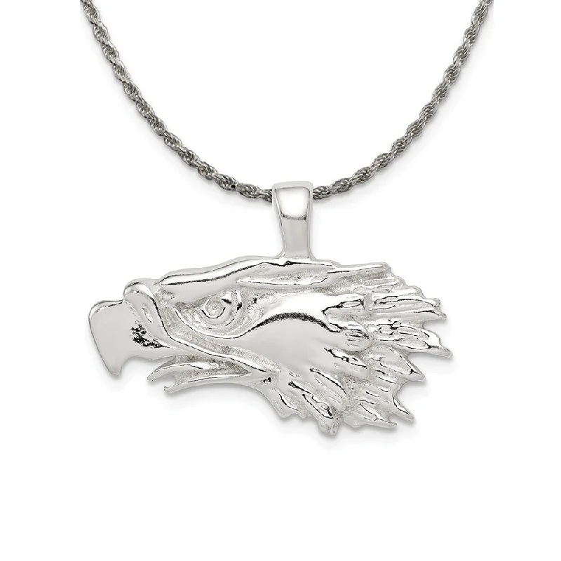 Sterling Silver 25mm Antiqued Eagle Head Pendant Necklace