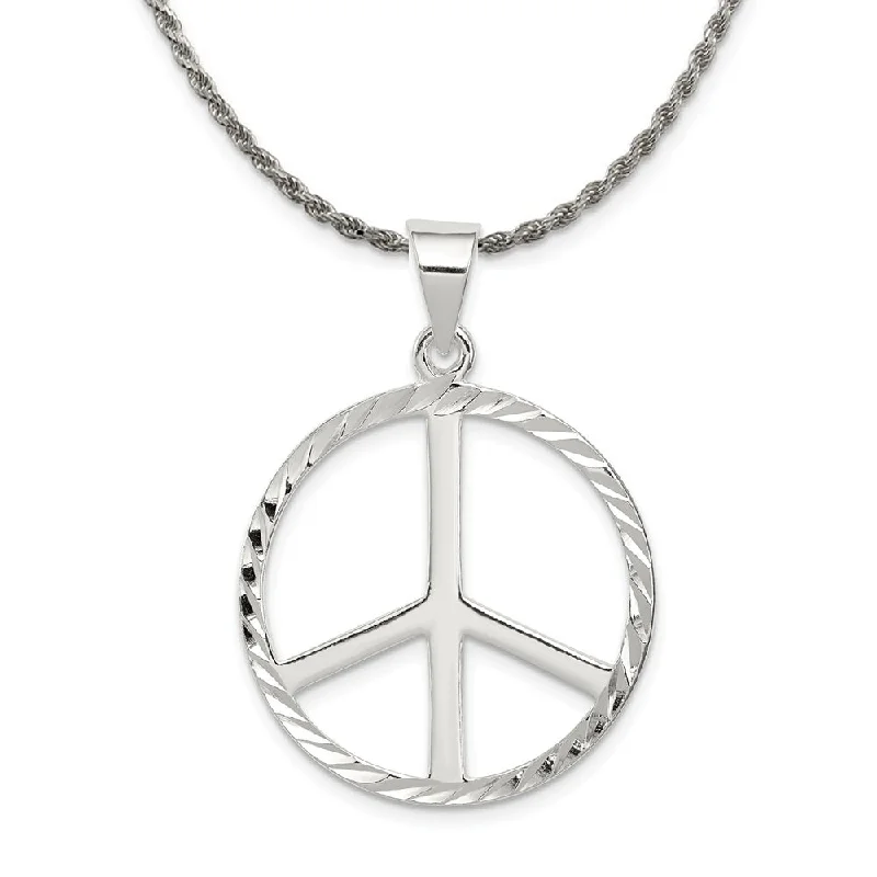 Eight-gem necklace-Sterling Silver 25mm Diamond Cut Peace Symbol Pendant Necklace