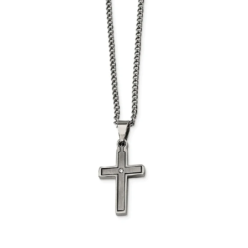 Arced wire necklace-Titanium & .035 Ct (G-H, I1) Diamond Accent Dbl Cross 22 Inch Necklace