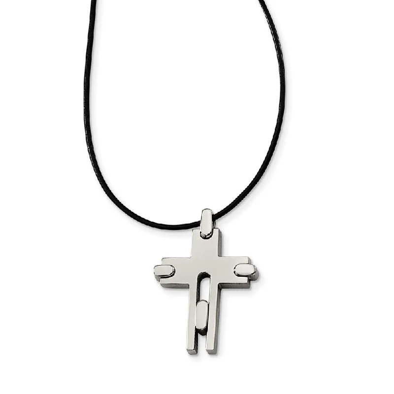 Delicate weave necklace-Titanium Cross and Black Leather Cord Necklace 18 Inch