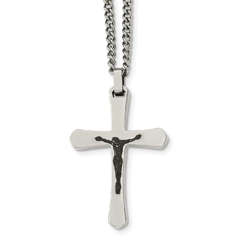 Two Tone Crucifix Cross Necklace in Stainless Steel, 24 Inch