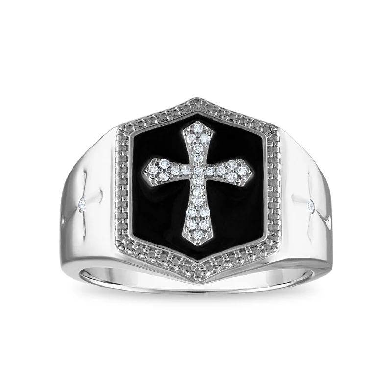 Optic ring-1/10 CTW Diamond Cross Black Enamel Ring in Sterling Silver