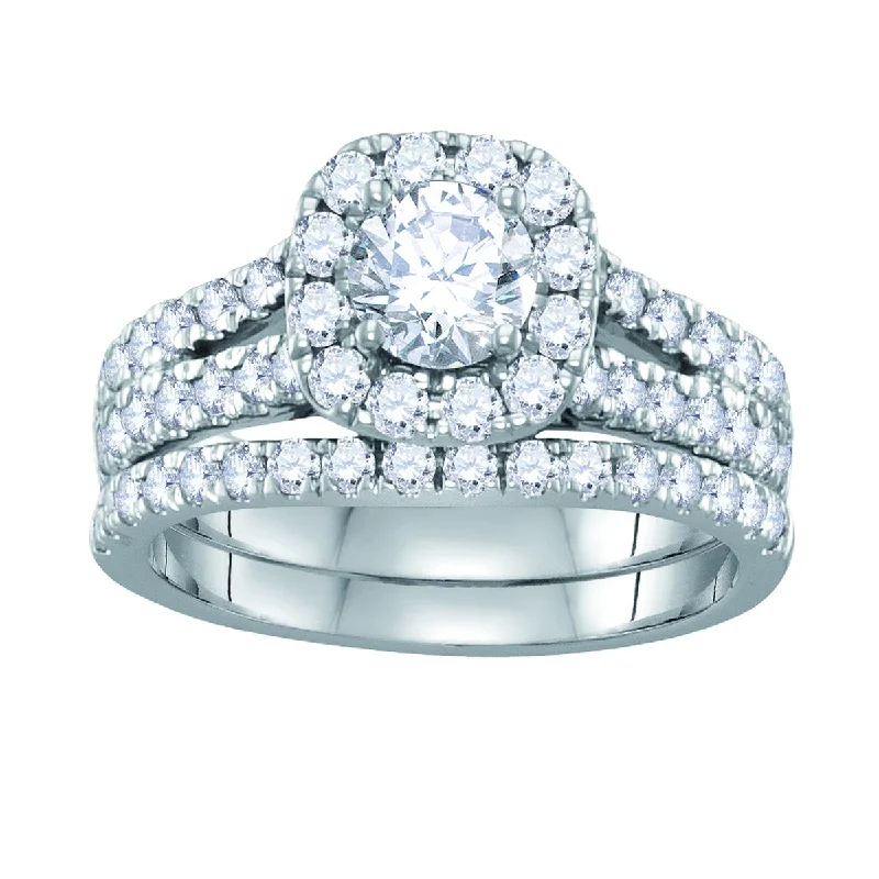 Delicate weave ring-Signature EcoLove 1 3/4 CTW Lab Grown Diamond Halo Bridal Set Ring in 14KT White Gold