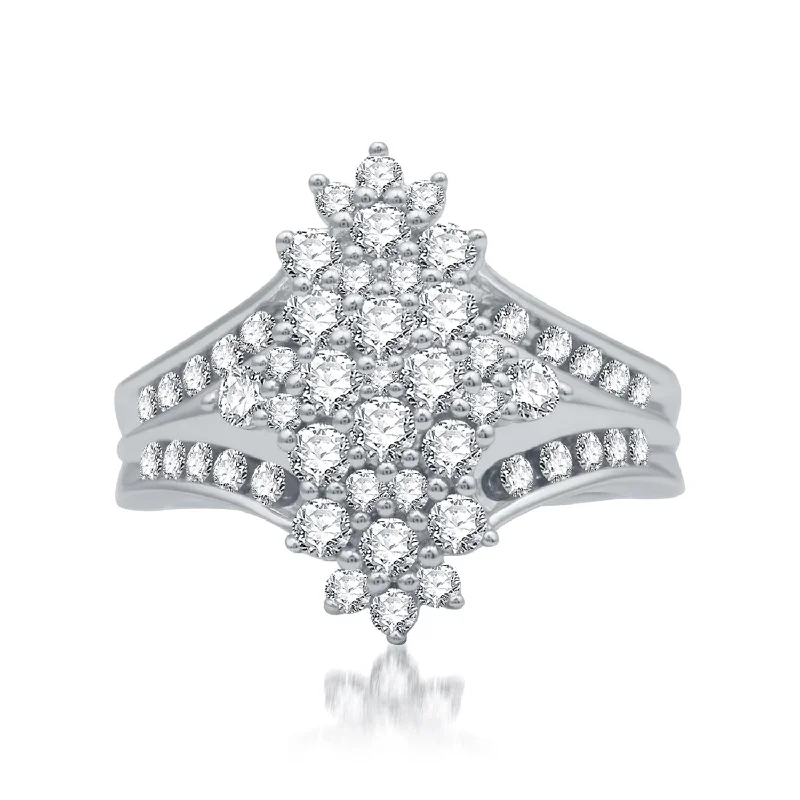 Lifted stone ring-1 CTW Diamond Cluster Fashion Ring in Rhodium Plated Sterling Silver